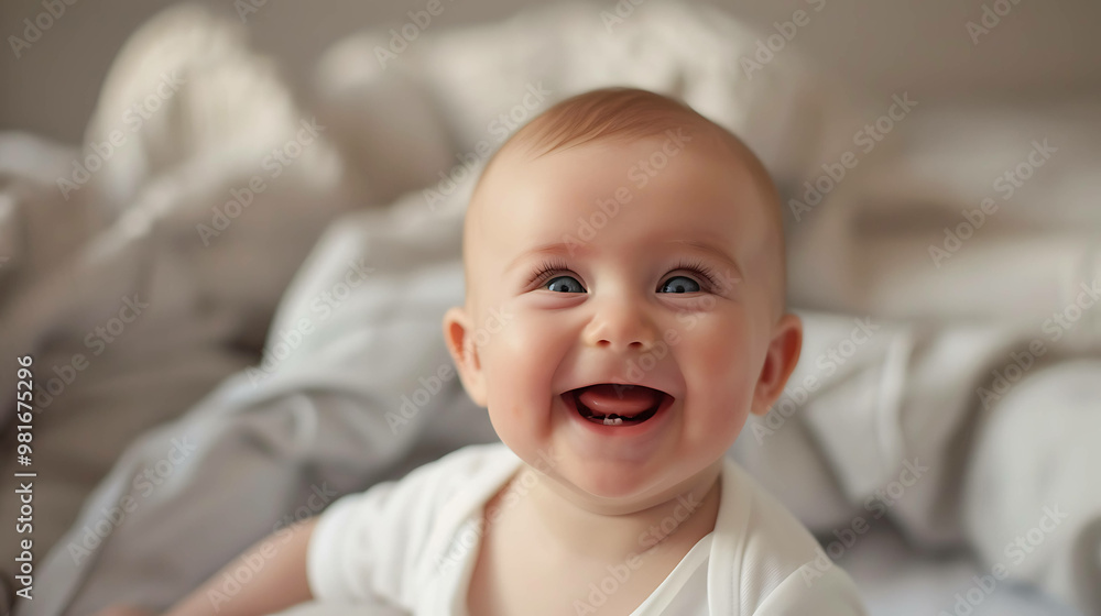 Adorable baby with big blue eyes laughs in bed. Adorable baby with big blue eyes laughs in bed.