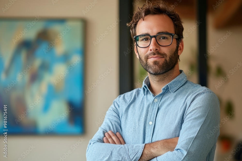 Portrait, glasses and business man with arms crossed in startup office for pride in career or job. Creative, face and confident professional entrepreneur, copywriter and employee coworking , ai Portrait, glasses and business man with arms crossed in startup office for pride in career or job. Creative, face and confident professional entrepreneur, copywriter and employee coworking , ai