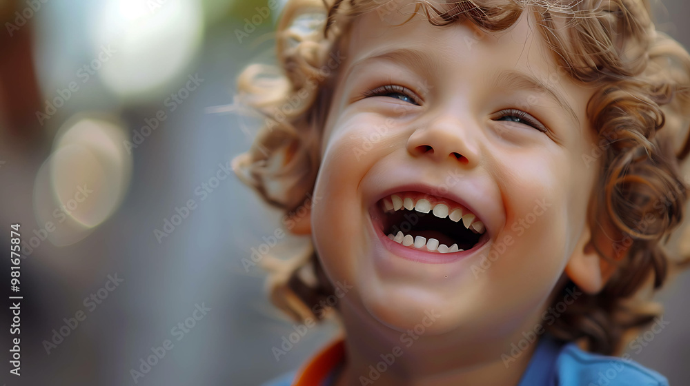 Close-up photo of a little boy with curly hair laughing. Close-up photo of a little boy with curly hair laughing.