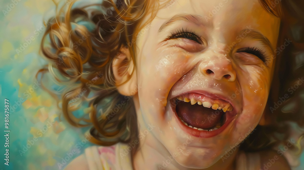 A painting of a little girl with curly hair laughing with her mouth wide open. A painting of a little girl with curly hair laughing with her mouth wide open.