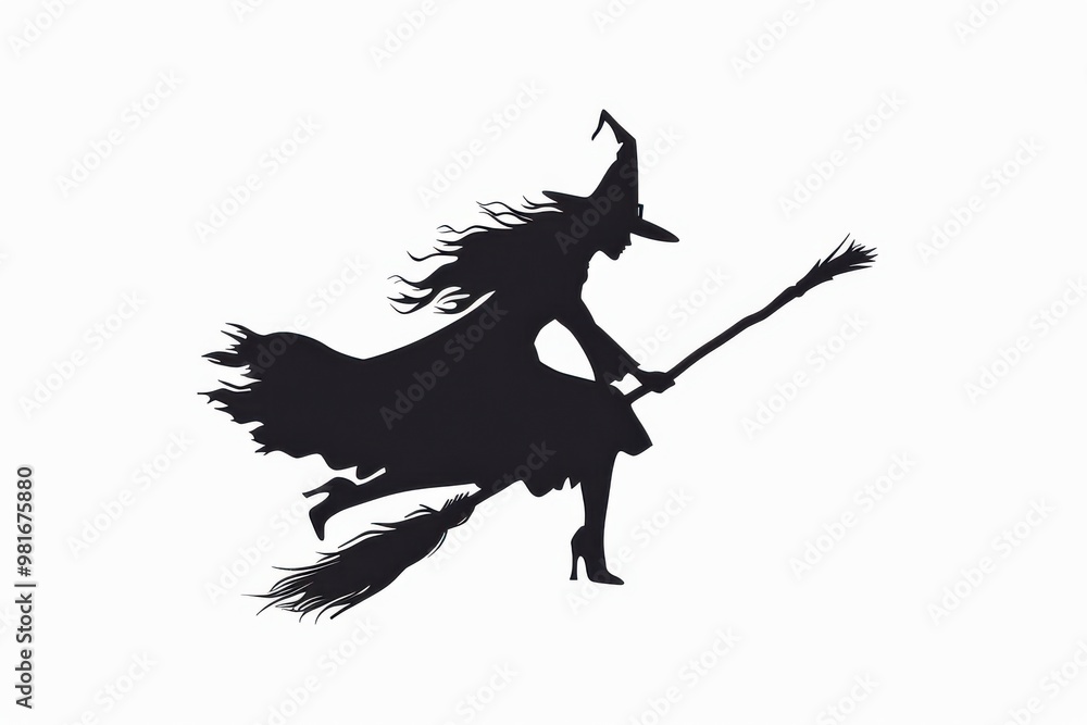 Enigmatic silhouette of a flying witch in serene soft light Enigmatic silhouette of a flying witch in serene soft light