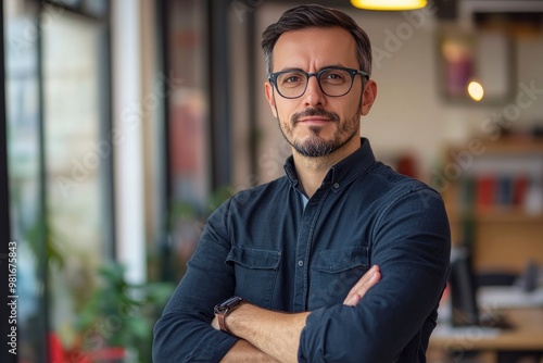 Portrait, glasses and business man with arms crossed in startup office for pride in career or job. Creative, face and confident professional entrepreneur, copywriter and employee coworking , ai