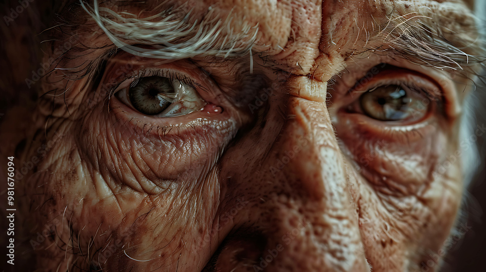 Close-up of an elderly person's wrinkled face, focusing on their eye and surrounding skin. Close-up of an elderly person's wrinkled face, focusing on their eye and surrounding skin.