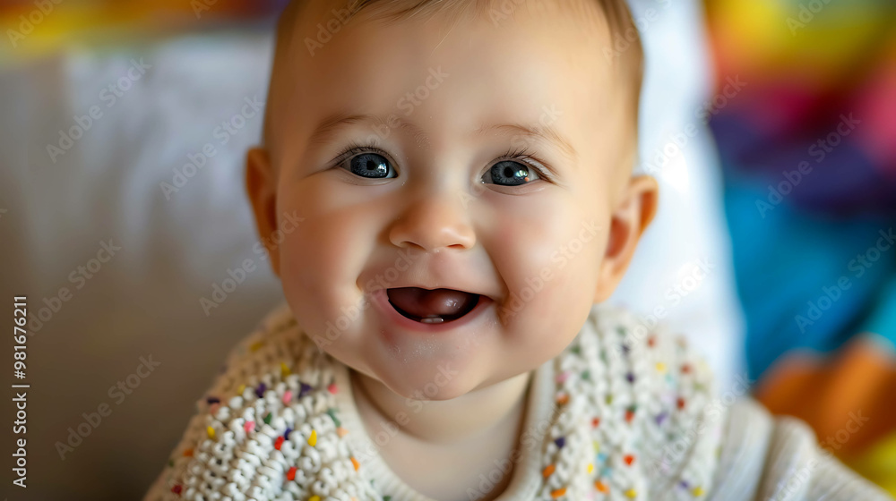 A close-up portrait of a happy baby with big blue eyes. A close-up portrait of a happy baby with big blue eyes.