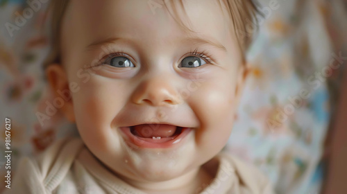 A close-up of a baby with big blue eyes smiling.