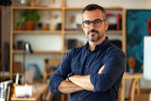 Portrait, glasses and business man with arms crossed in startup office for pride in career or job. Creative, face and confident professional entrepreneur, copywriter and employee coworking , ai