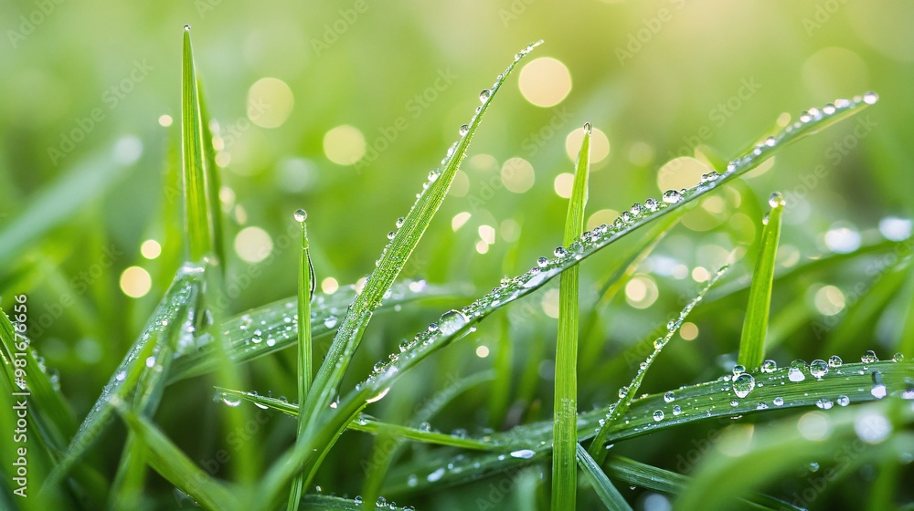 Dewdrops on Green Grass Blades with a Bokeh Background Dewdrops on Green Grass Blades with a Bokeh Background