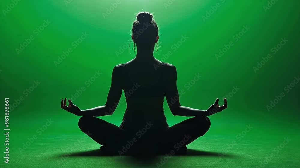 Silhouette of a woman practicing yoga, meditating in the lotus position on a green screen background. Perfect for compositing and photo editing Silhouette of a woman practicing yoga, meditating in the lotus position on a green screen background. Perfect for compositing and photo editing