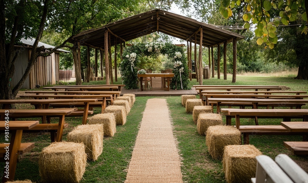 Rustic Outdoor Wedding with Hay Bales Seating and Wooden Altar Draped in Greenery Rustic Outdoor Wedding with Hay Bales Seating and Wooden Altar Draped in Greenery