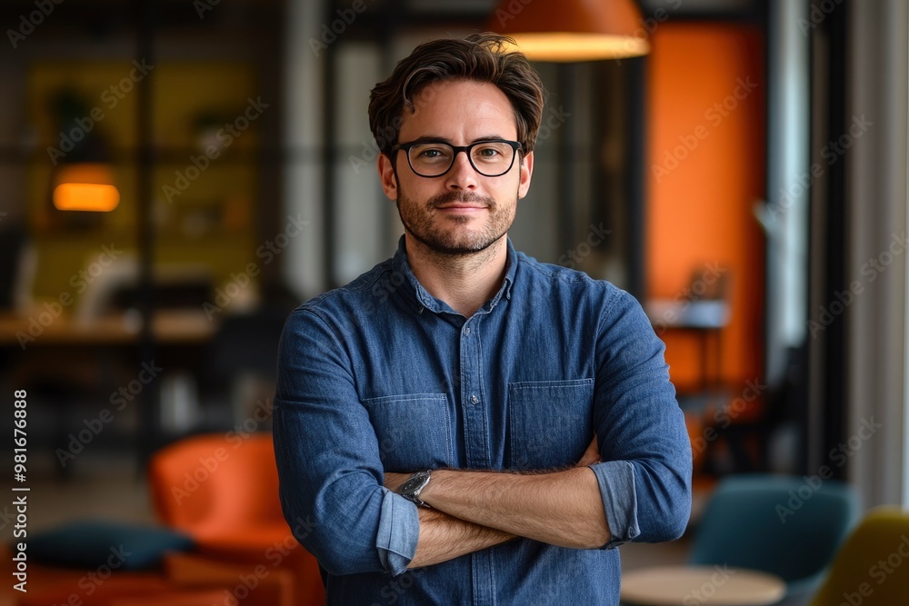 Portrait, glasses and business man with arms crossed in startup office for pride in career or job. Creative, face and confident professional entrepreneur, copywriter and employee coworking , ai Portrait, glasses and business man with arms crossed in startup office for pride in career or job. Creative, face and confident professional entrepreneur, copywriter and employee coworking , ai