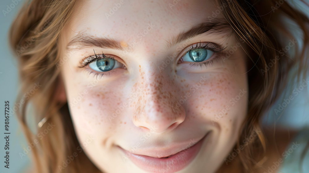 Close-up of a young woman with freckles and blue eyes smiling slightly. Close-up of a young woman with freckles and blue eyes smiling slightly.