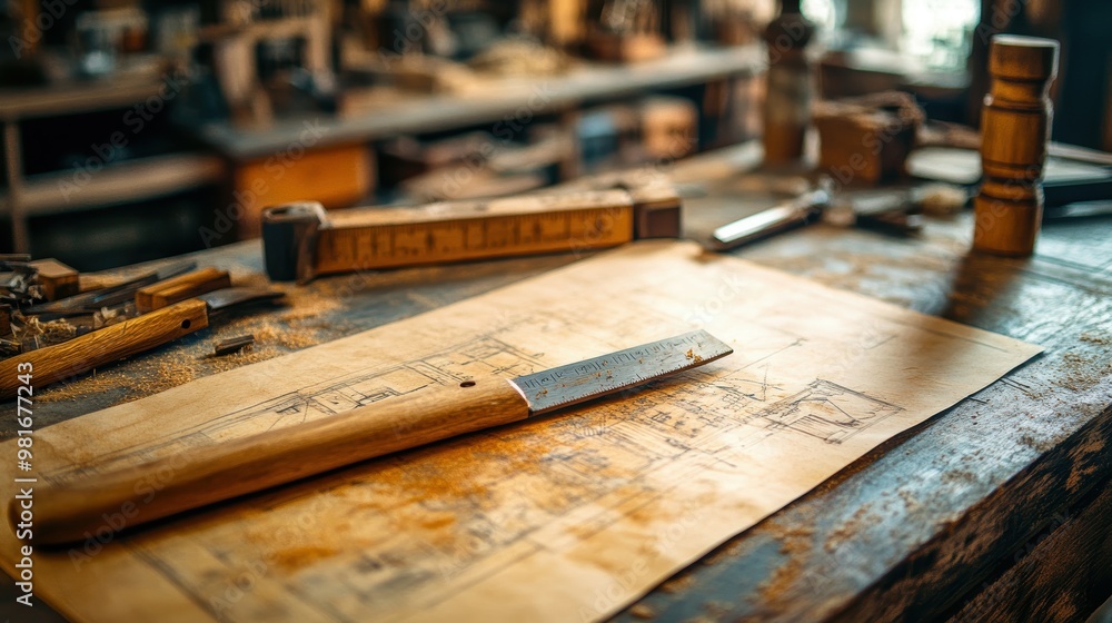 Carpenter woodworking plans and tools on a workbench such as a saw and a chisel Carpenter woodworking plans and tools on a workbench such as a saw and a chisel
