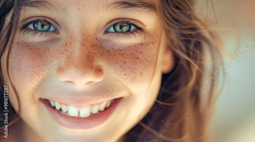 A portrait of a young girl with freckles and green eyes smiling brightly.