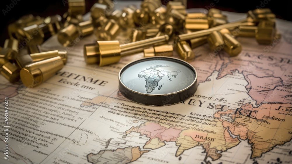 A magnifying glass sits on an old map, revealing a close-up view of the world. The brass accents add a touch of vintage charm to this image. A magnifying glass sits on an old map, revealing a close-up view of the world. The brass accents add a touch of vintage charm to this image.