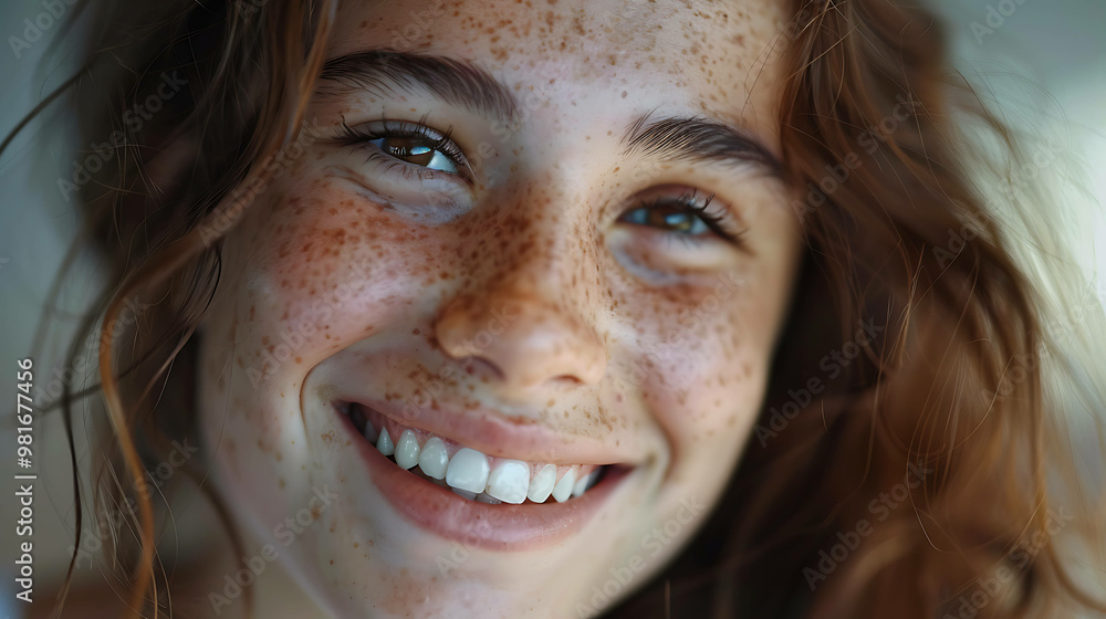 Close up portrait of a young woman with freckles, smiling at the camera. Close up portrait of a young woman with freckles, smiling at the camera.