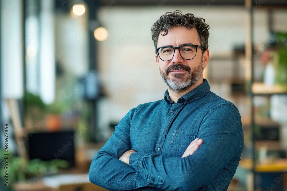 Portrait, glasses and business man with arms crossed in startup office for pride in career or job. Creative, face and confident professional entrepreneur, copywriter and employee coworking , ai Portrait, glasses and business man with arms crossed in startup office for pride in career or job. Creative, face and confident professional entrepreneur, copywriter and employee coworking , ai