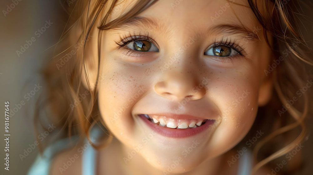 Close-up portrait of a little girl with freckles, smiling at the camera. Close-up portrait of a little girl with freckles, smiling at the camera.