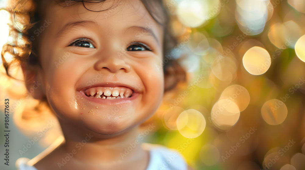 A little girl with brown hair beams with joy in a close-up portrait.