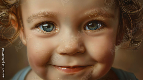 A close up of a baby girl with curly hair and big blue eyes looking directly at the camera with a sweet smile.