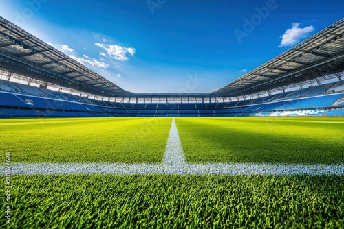 Empty nobody soccer stadium field with blue sky, soccer background, ai