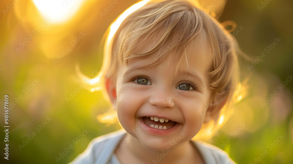 A happy toddler with blonde hair laughs in the sunshine. A happy toddler with blonde hair laughs in the sunshine.