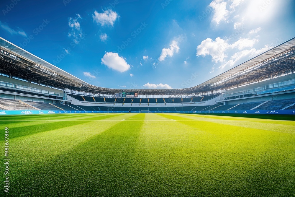Empty nobody soccer stadium field with blue sky, soccer background, ai Empty nobody soccer stadium field with blue sky, soccer background, ai