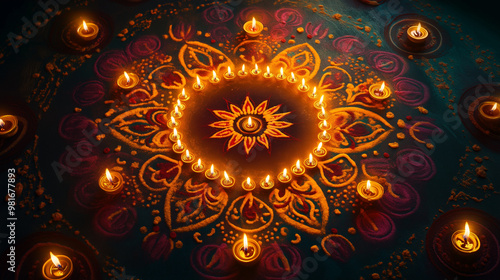 Diya Light Circle: A vibrant arrangement of traditional oil lamps (diyas) forming a glowing circle in the center, surrounded by rangoli patterns and fireworks