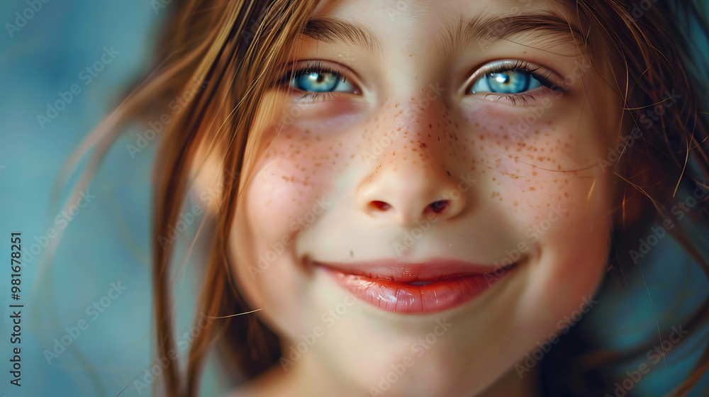 Close-up portrait of a smiling young girl with freckles and blue eyes. Close-up portrait of a smiling young girl with freckles and blue eyes.