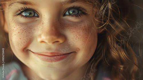 A little girl with freckled cheeks and curly hair smiles at the camera.