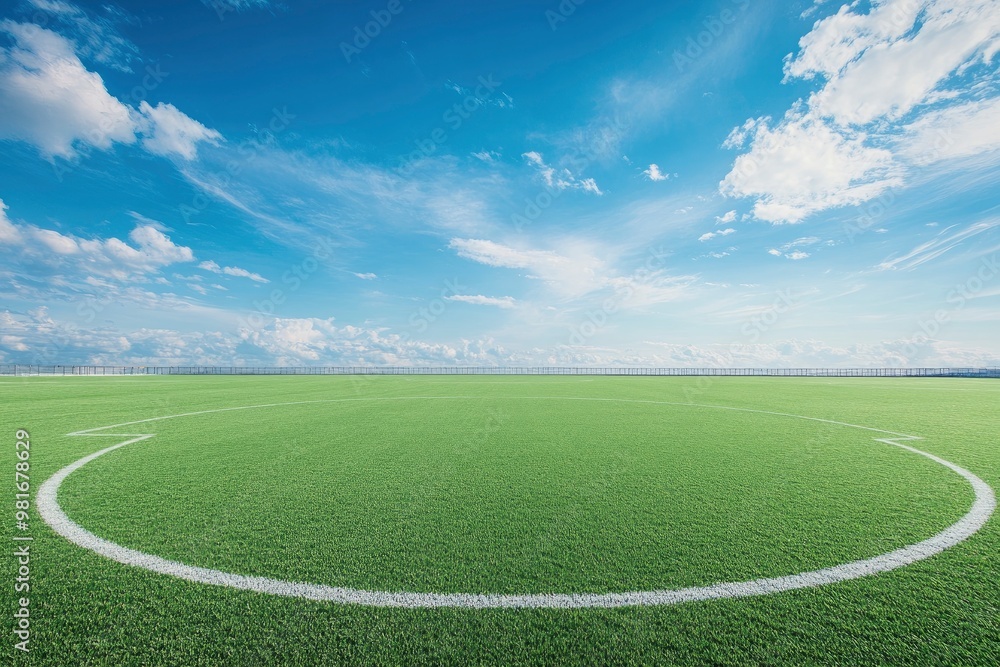 Obraz premium Empty nobody soccer stadium field with blue sky, soccer background, ai