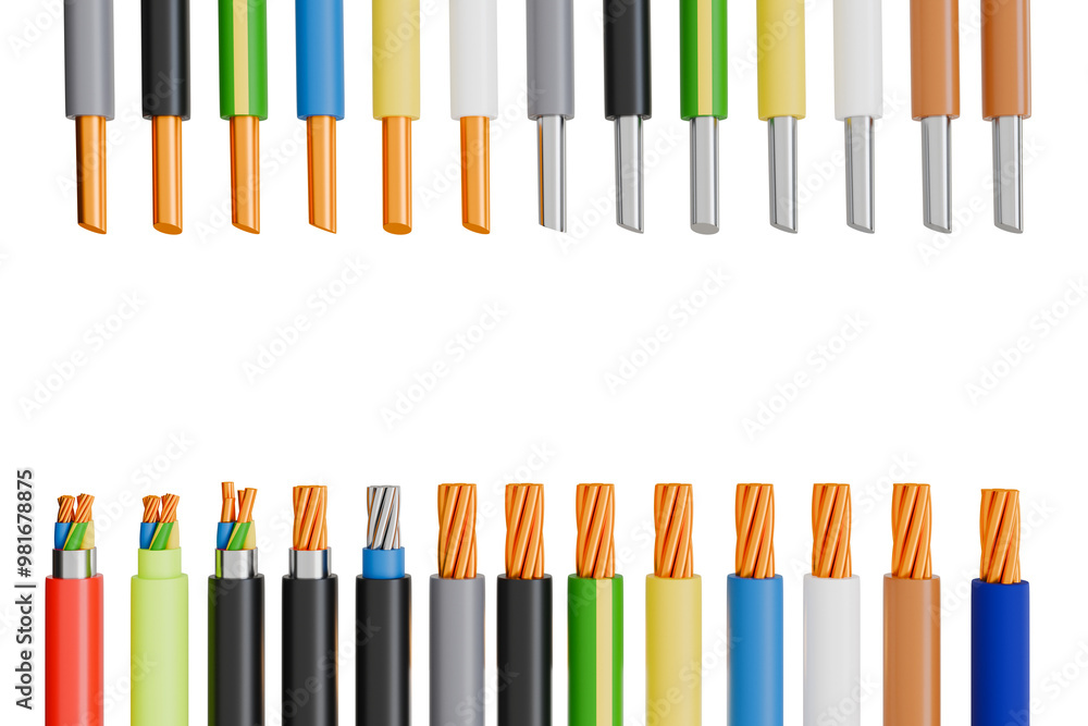 Obraz premium Realistic 3D cables and wires of electric power, network, television and telephone. Energy wires with insulated copper conductors Multicore twisted pair. 3d illustration. Clipping path.