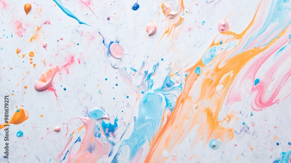 Splattered pastel paint on white marble, soft and colorful abstract background generative ai Splattered pastel paint on white marble, soft and colorful abstract background generative ai
