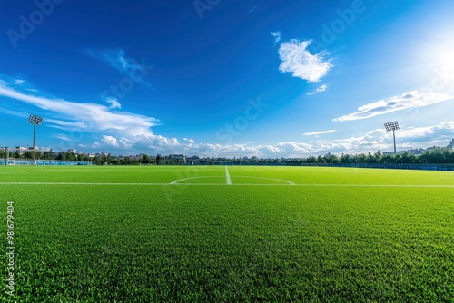 Empty nobody soccer stadium field with blue sky, soccer background, ai