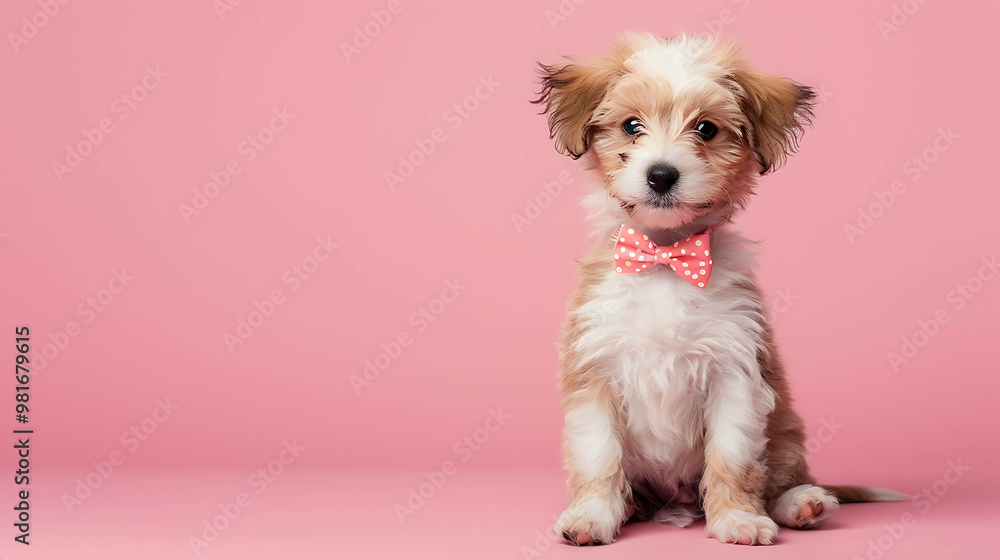 Cute fluffy puppy wearing a pink bow tie, sitting on a pink background. Cute fluffy puppy wearing a pink bow tie, sitting on a pink background.