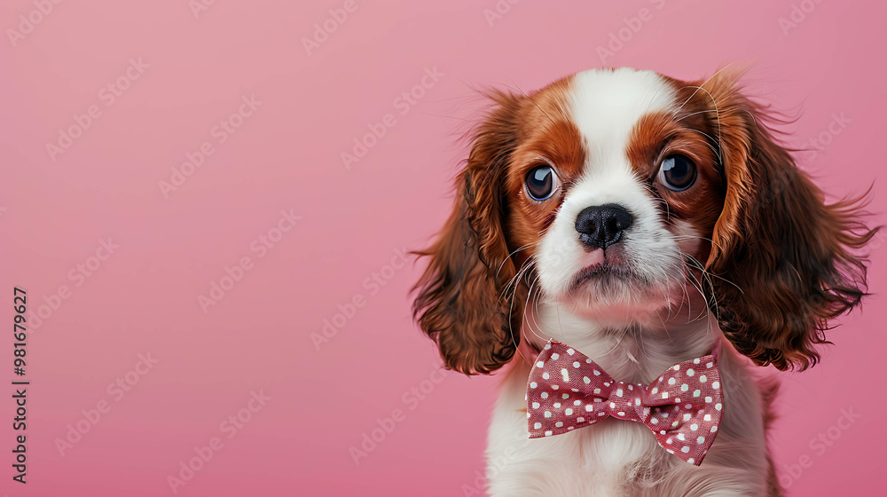 Adorable Cavalier King Charles Spaniel puppy wearing a polka dot bow tie. Adorable Cavalier King Charles Spaniel puppy wearing a polka dot bow tie.