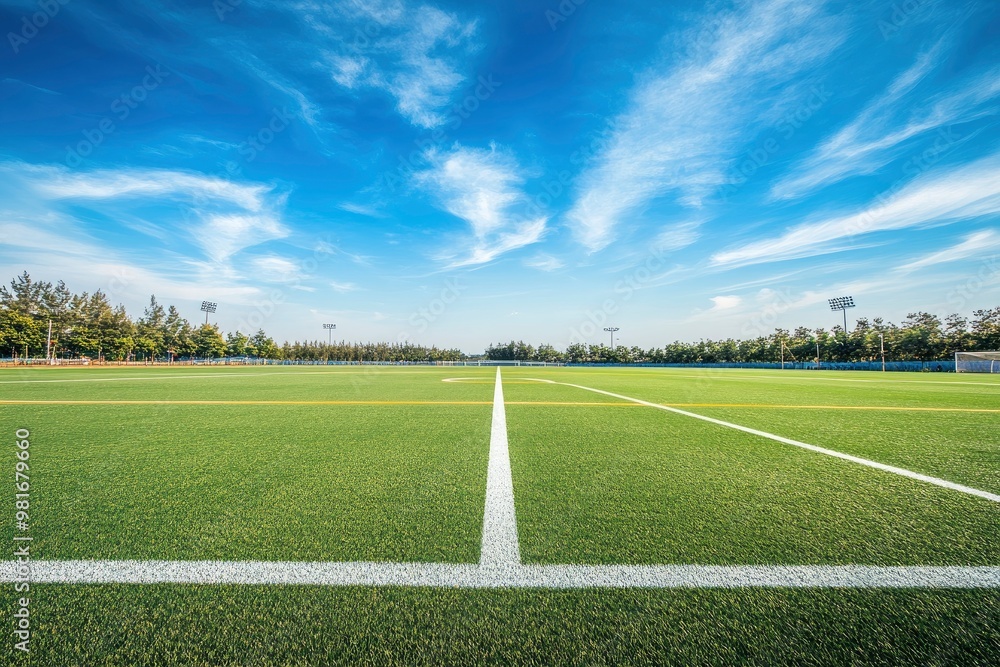 Obraz premium Empty nobody soccer stadium field with blue sky, soccer background, ai