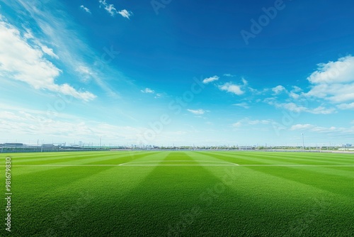 Empty nobody soccer stadium field with blue sky, soccer background, ai