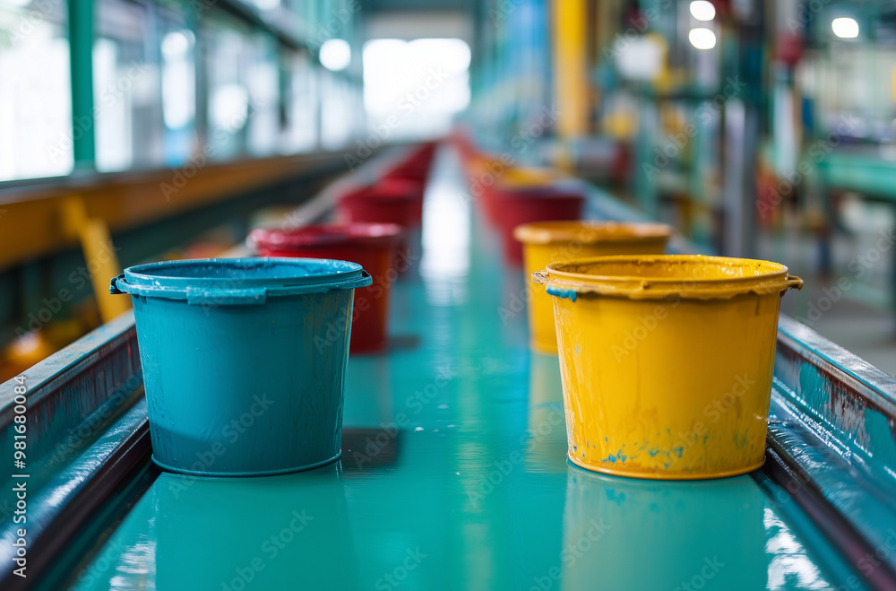 Detailed Craftsmanship at Paint Facility: Buckets Moving on Conveyor Belt Detailed Craftsmanship at Paint Facility: Buckets Moving on Conveyor Belt