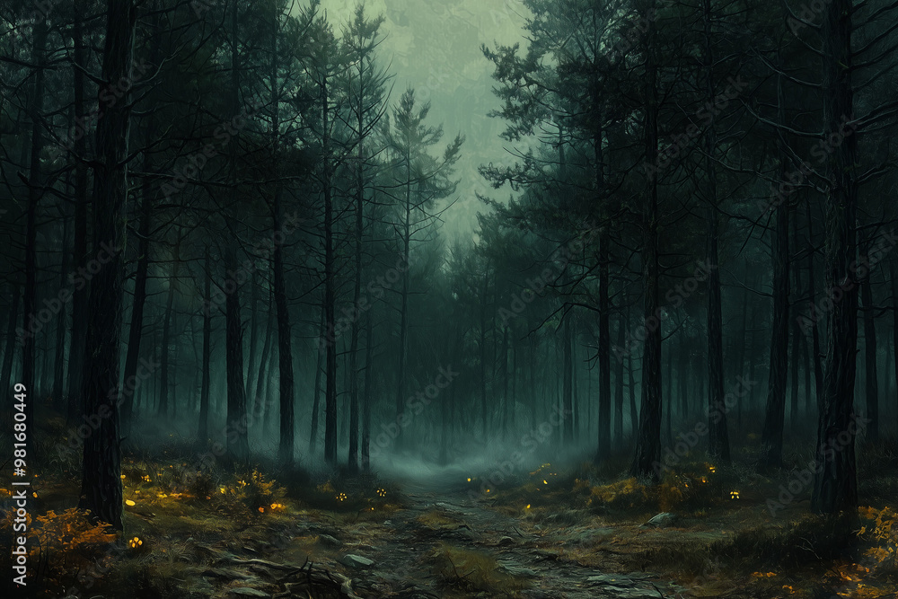 Fototapeta premium Enchanted Forest Path: A Mystical Journey Through Fog and Light