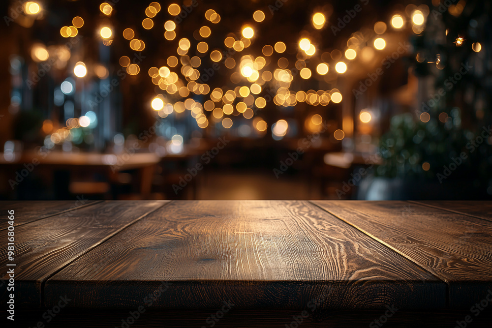 Wooden Table with Warm Lighting in a Cozy Restaurant Wooden Table with Warm Lighting in a Cozy Restaurant