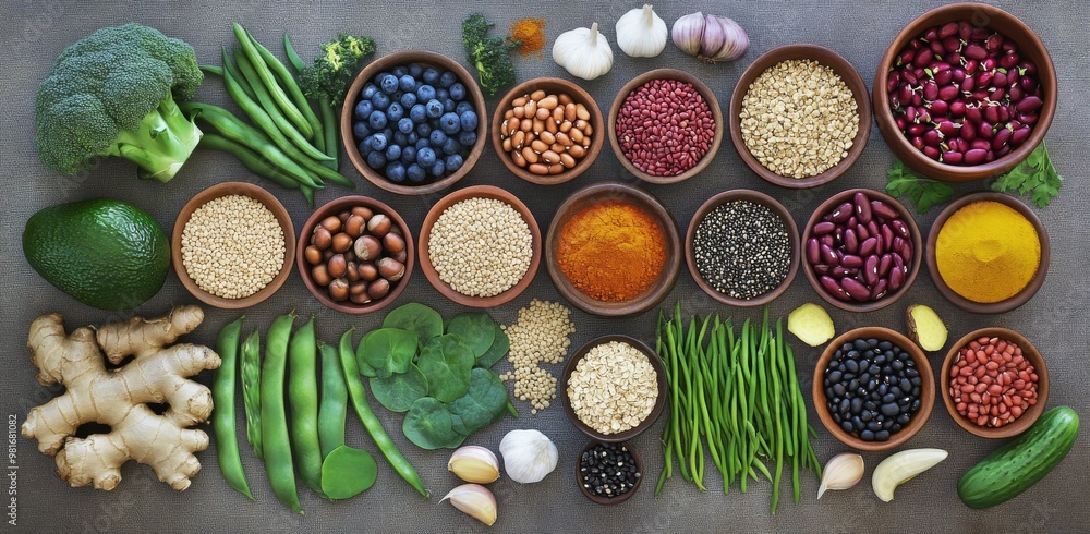 Flat lay of colorful vegetables, fruits, and grains arranged on a table, featuring broccoli, avocadoes, blueberries, and more against an aged grey background, highlighting diverse textures and colors.