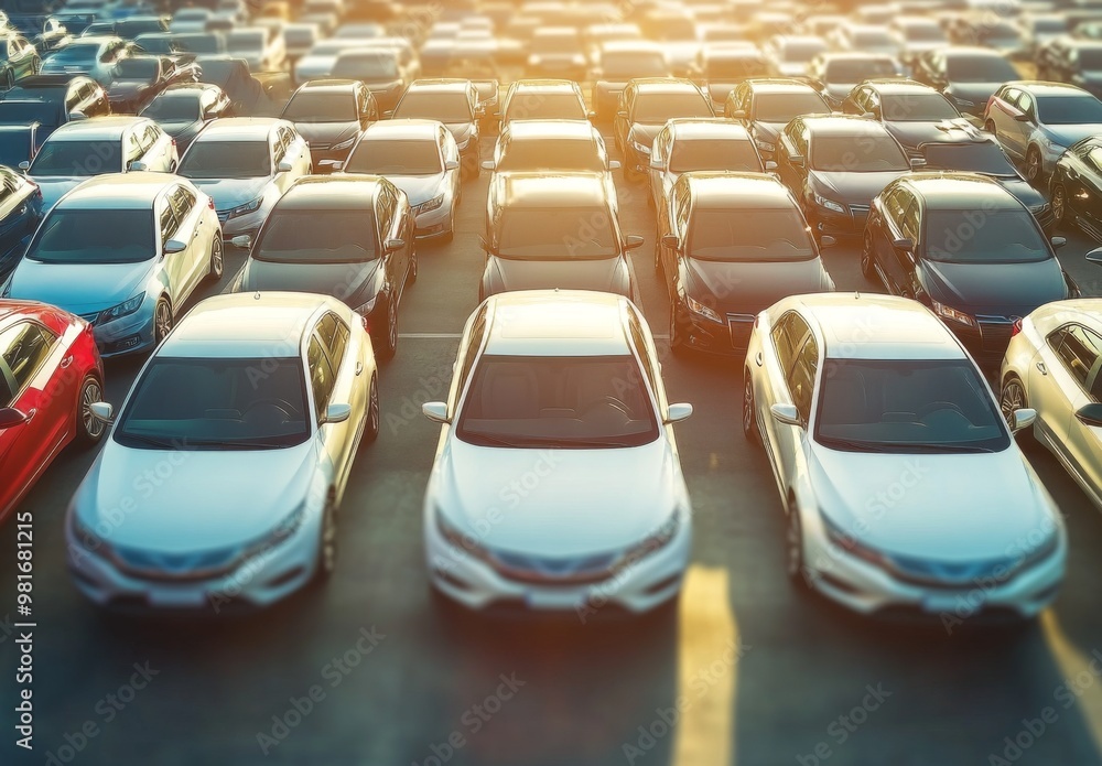 Obraz premium Aerial view of a car lot showcasing rows of various vehicles, including multiple white and silver cars in the foreground, bathed in bright sunlight, creating a warm and inviting atmosphere.