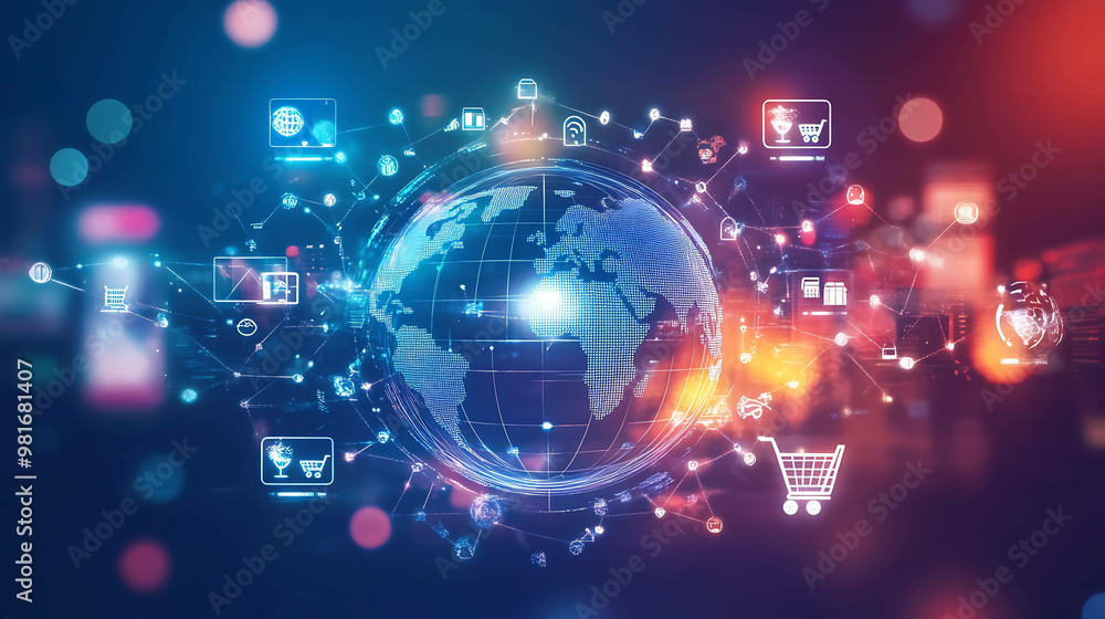 Obraz premium A digital globe with icons representing global commerce, connected by lines.