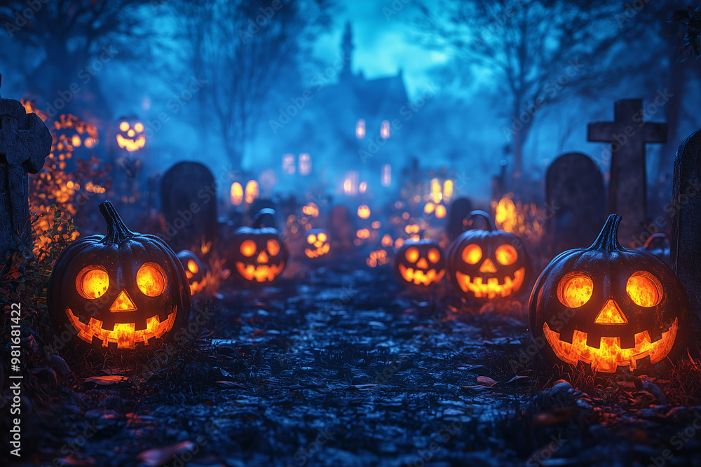 Spooky Halloween Night in a Graveyard with Jack-o'-Lanterns Spooky Halloween Night in a Graveyard with Jack-o'-Lanterns