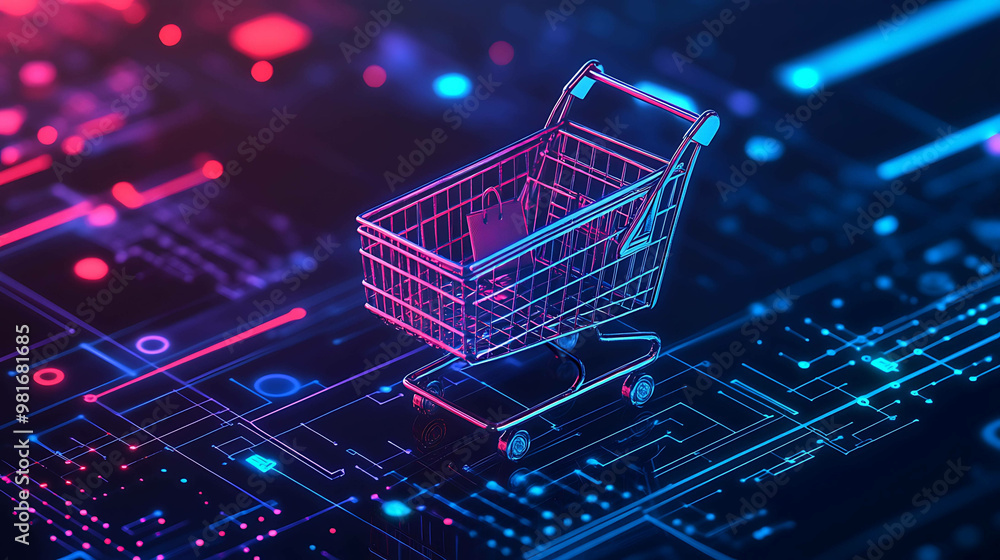 A shopping cart with a bag inside, on a futuristic circuit board, glowing in pink and blue. A shopping cart with a bag inside, on a futuristic circuit board, glowing in pink and blue.