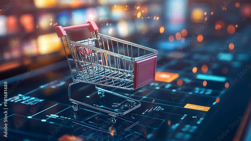 A miniature shopping cart sits on a digital screen, symbolizing online shopping and digital commerce. A miniature shopping cart sits on a digital screen, symbolizing online shopping and digital commerce.