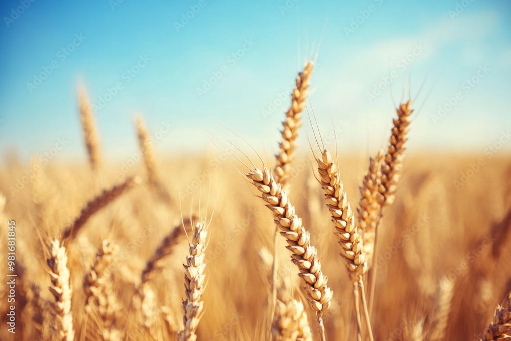 Close-up of a golden wheat field under a blue sky on a sunny day, featuring beautiful high-definition photography with a softly blurred background. Close-up of a golden wheat field under a blue sky on a sunny day, featuring beautiful high-definition photography with a softly blurred background.