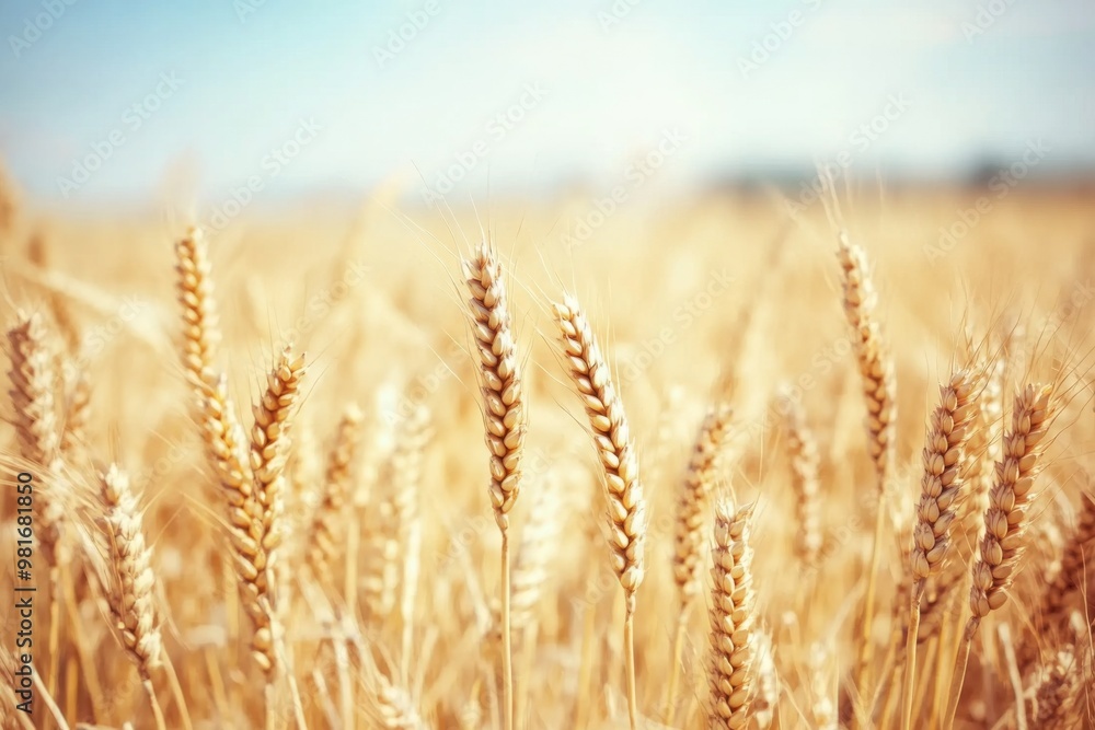 Close-up of a golden wheat field under a blue sky on a sunny day, featuring beautiful high-definition photography with a softly blurred background. Close-up of a golden wheat field under a blue sky on a sunny day, featuring beautiful high-definition photography with a softly blurred background.