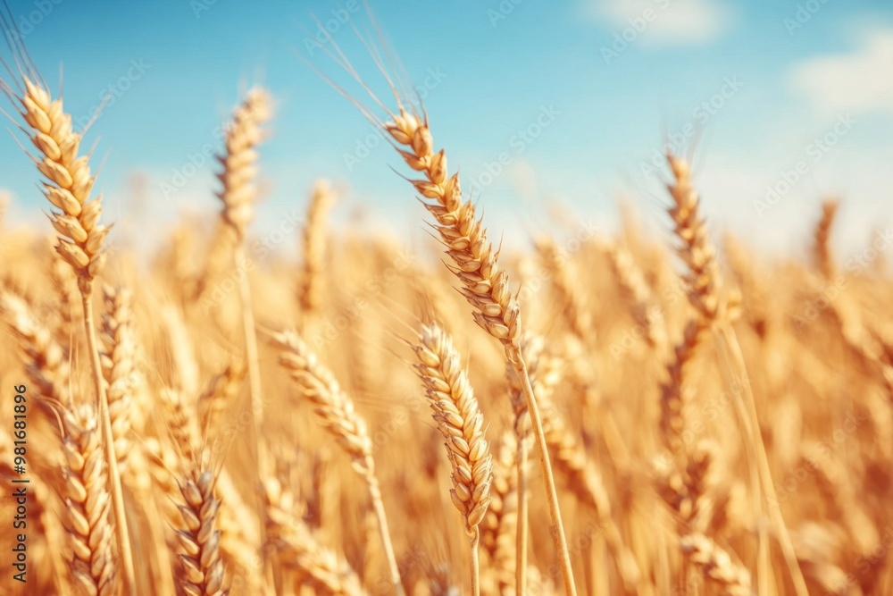 Close-up of a golden wheat field under a blue sky on a sunny day, featuring beautiful high-definition photography with a softly blurred background. Close-up of a golden wheat field under a blue sky on a sunny day, featuring beautiful high-definition photography with a softly blurred background.