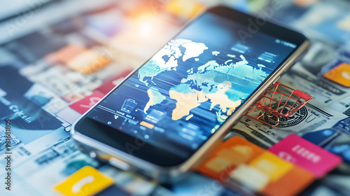 A smart phone displaying a world map sits on top of credit cards and money, with a small shopping cart next to it.